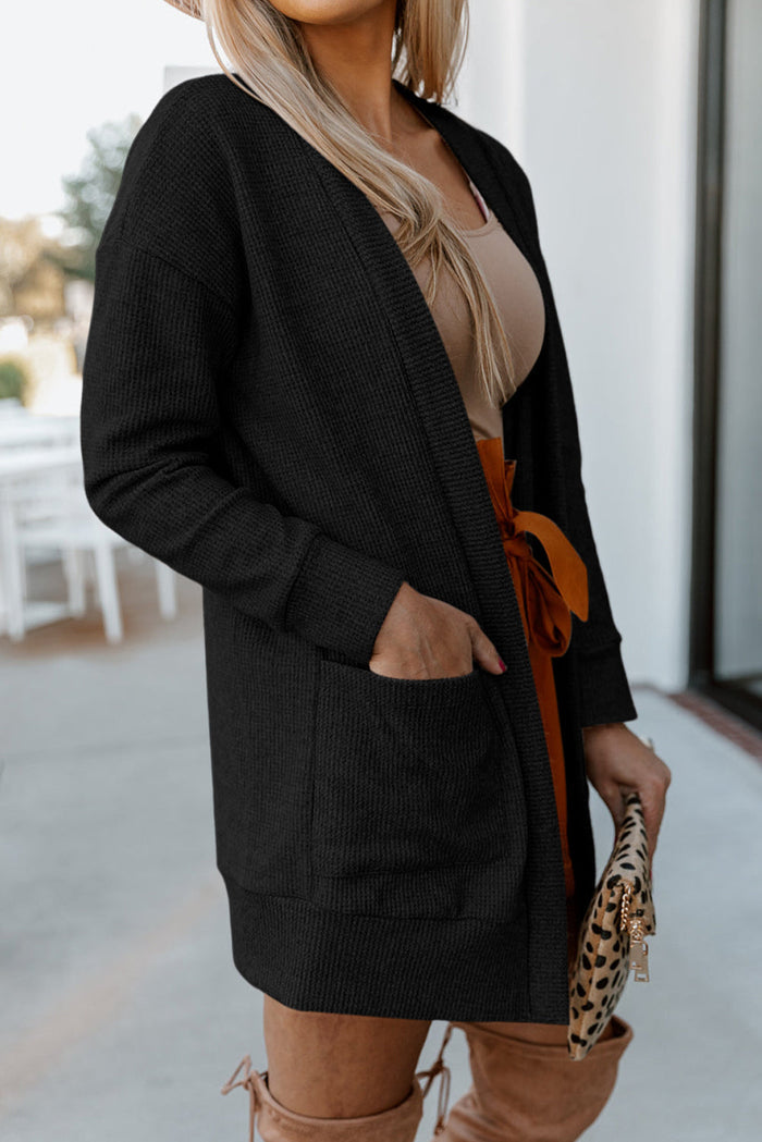 Black Thermal Waffle Knit Pocketed Cardigan - Sweaters & Cardigans/Cardigans