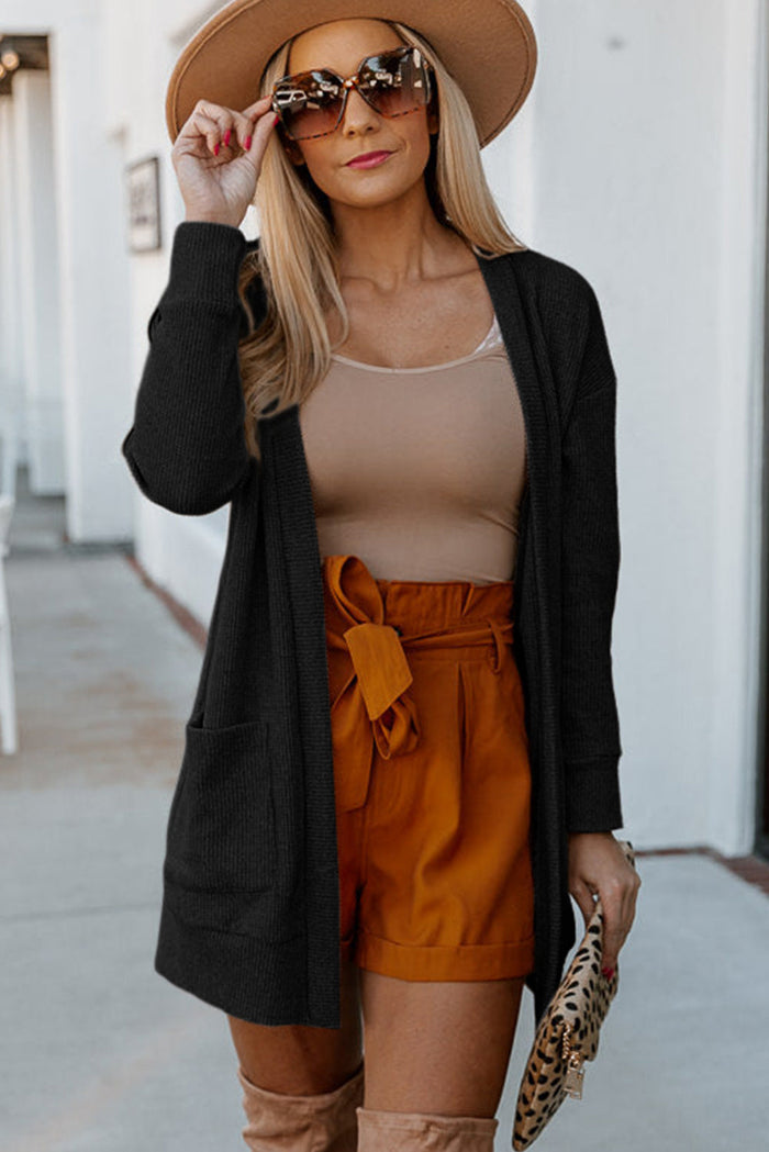 Black Thermal Waffle Knit Pocketed Cardigan - Sweaters & Cardigans/Cardigans