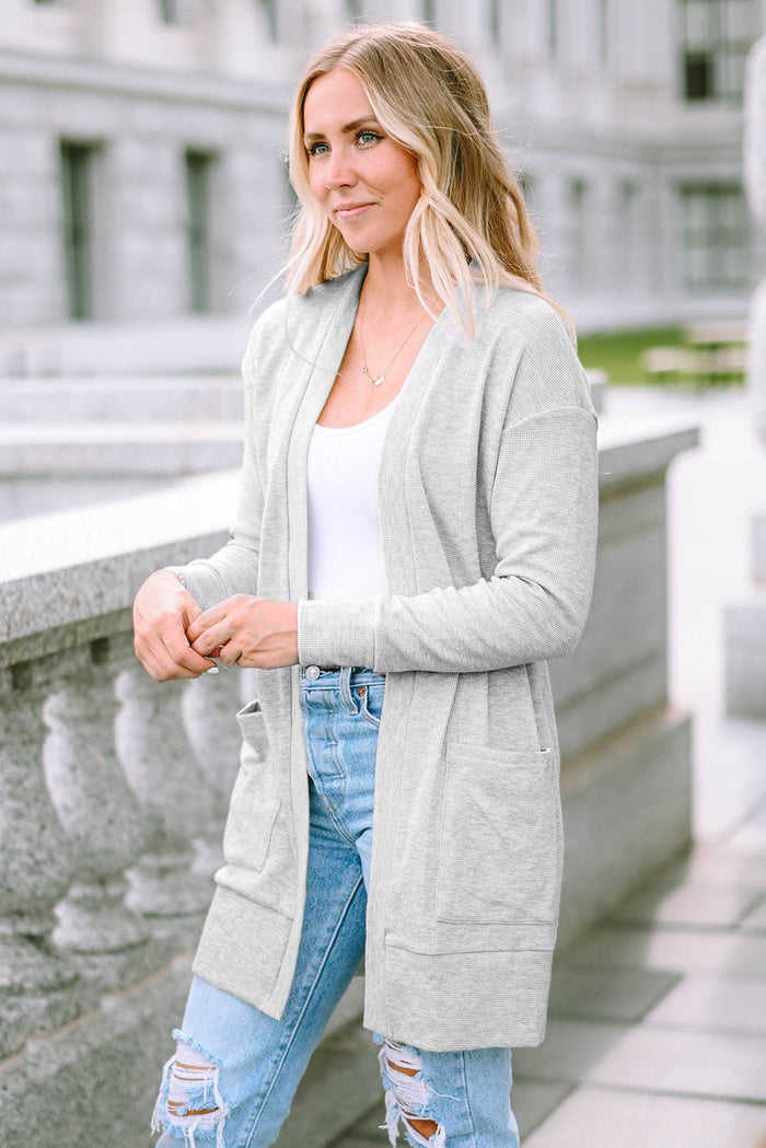 Black Thermal Waffle Knit Pocketed Cardigan - BEIGE / S / 60% POLYESTER + 35% COTTON + 5% ELASTANE - Sweaters &