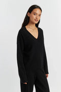 Black Wool-Cashmere V-Neck Sweater