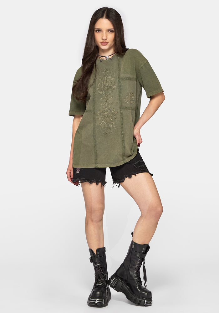 Blake Lace Oversized Graphic T-Shirt - Khaki