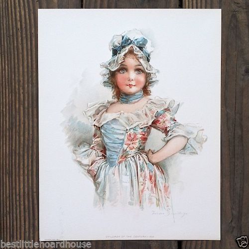 FRANCIS BRUNDAGE BLUE DRESS Victorian Stone Lithograph Print 1900