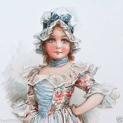 FRANCIS BRUNDAGE BLUE DRESS Victorian Stone Lithograph Print 1900
