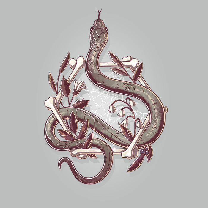 Premium Cotton T-shirt_TeeTurtle silver gray Bone Serpent apparel featuring a gray snake slithering through a hexagon made out of bones with a spiderweb, white bellflowers, and leaves.