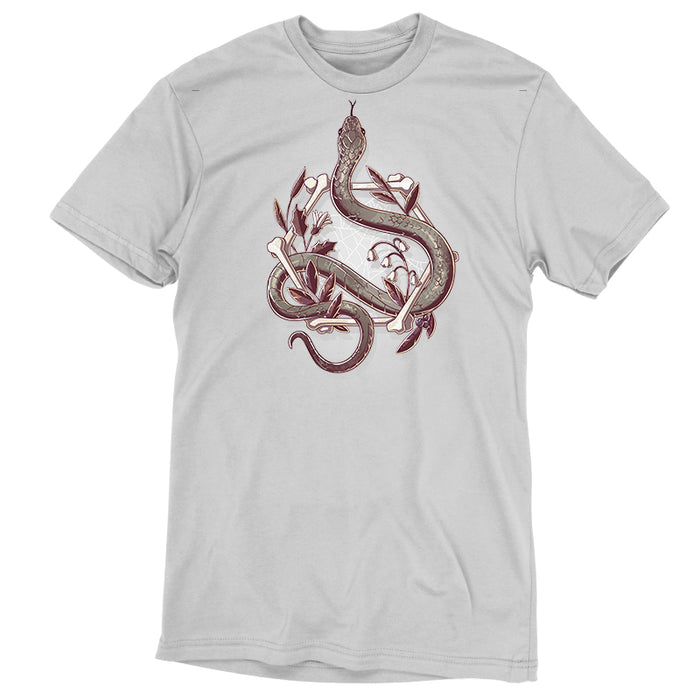 Premium Cotton T-shirt_TeeTurtle silver gray Bone Serpent apparel featuring a gray snake slithering through a hexagon made out of bones with a spiderweb, white bellflowers, and leaves.