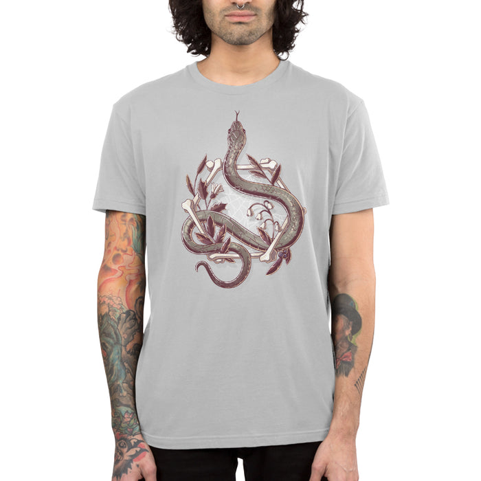 Premium Cotton T-shirt_TeeTurtle silver gray Bone Serpent apparel featuring a gray snake slithering through a hexagon made out of bones with a spiderweb, white bellflowers, and leaves.