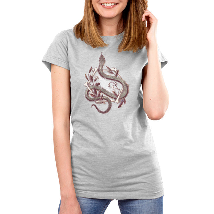 Premium Cotton T-shirt_TeeTurtle silver gray Bone Serpent apparel featuring a gray snake slithering through a hexagon made out of bones with a spiderweb, white bellflowers, and leaves.