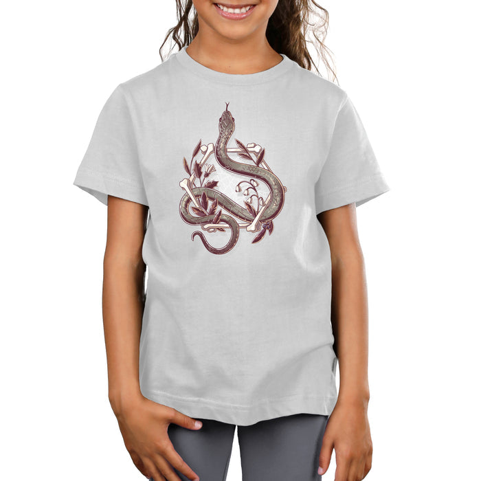 Premium Cotton T-shirt_TeeTurtle silver gray Bone Serpent apparel featuring a gray snake slithering through a hexagon made out of bones with a spiderweb, white bellflowers, and leaves.