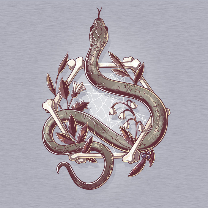 Classic Cotton T-shirt_TeeTurtle heather gray Bone Serpent apparel featuring a gray snake slithering through a hexagon made out of bones with a spiderweb, white bellflowers, and leaves.