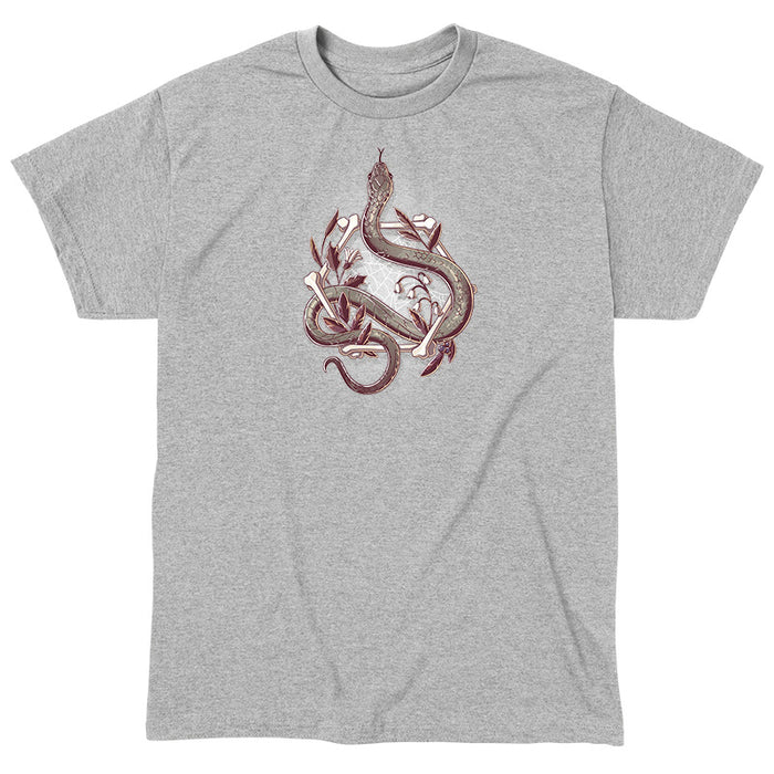 Classic Cotton T-shirt_TeeTurtle heather gray Bone Serpent apparel featuring a gray snake slithering through a hexagon made out of bones with a spiderweb, white bellflowers, and leaves.