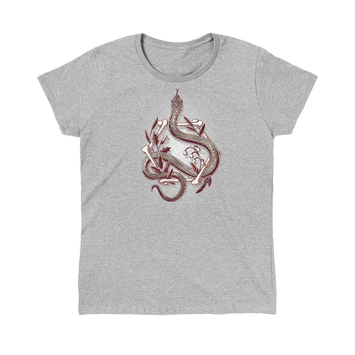 Classic Cotton T-shirt_TeeTurtle heather gray Bone Serpent apparel featuring a gray snake slithering through a hexagon made out of bones with a spiderweb, white bellflowers, and leaves.
