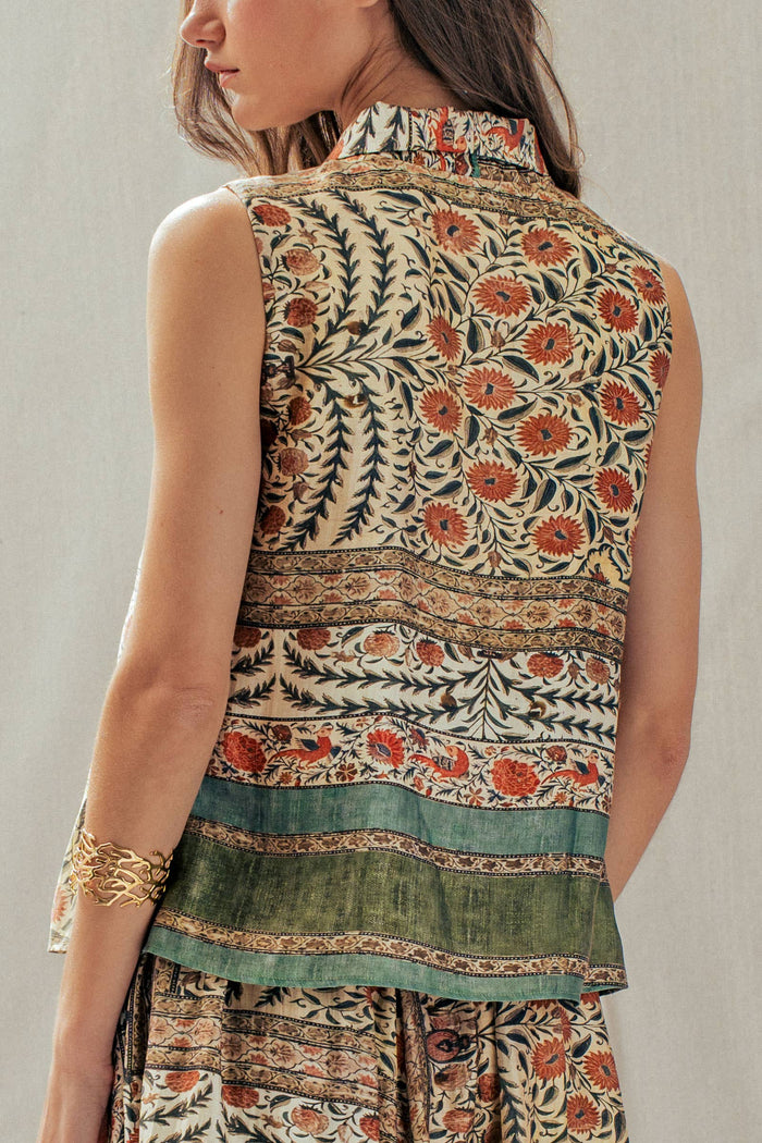 Botanical Bird Print Tie-Front Tencel Blend Top: MULTI / S-M-L:2-2-2 Urban Daizy