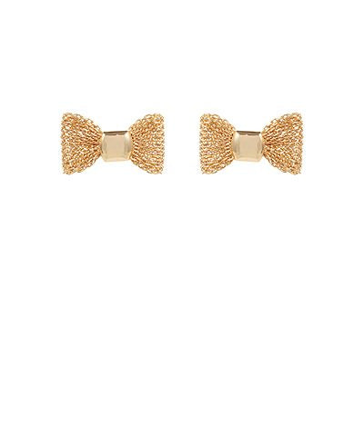 Gold bow tie stud earrings with textured metal finish displayed on a white background from The Pink Doxie Boutique.