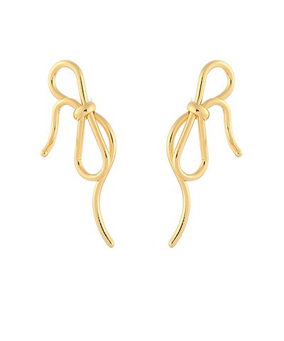 Gold bow and wavy tail earrings with a delicate flowing design displayed on a white background from The Pink Doxie Boutique.