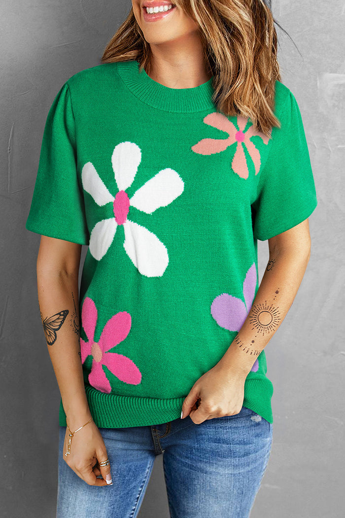 Bright Green Floral Bubble Short Sleeve Sweater - BRIGHT GREEN / S / 50% VISCOSE + 28% POLYESTER + 22% POLYAMIDE