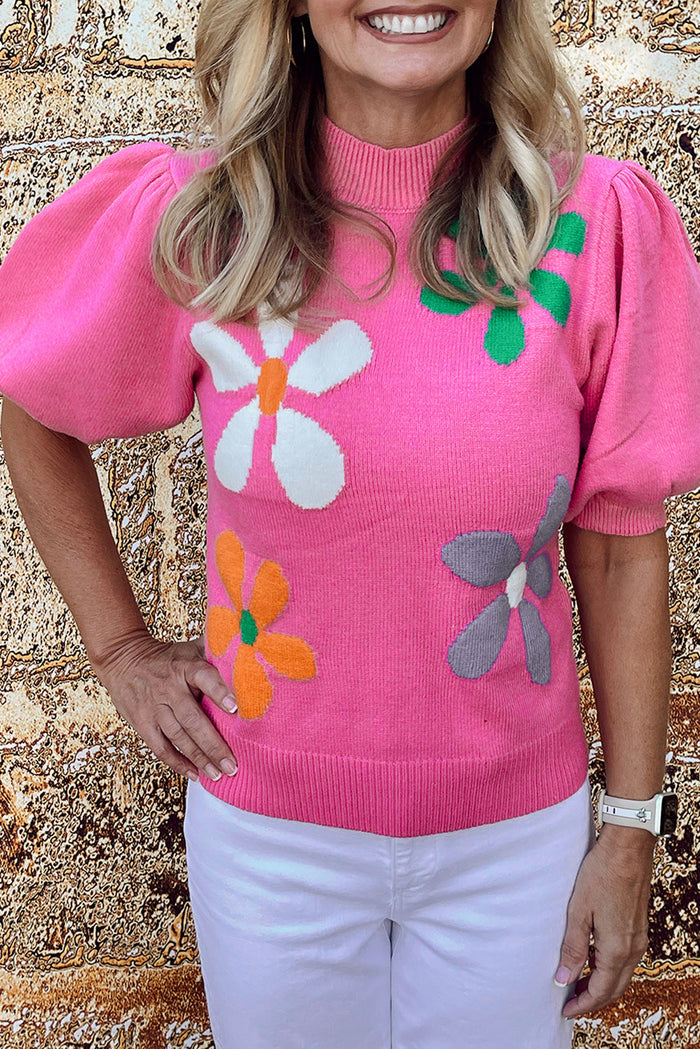 Bright Green Floral Bubble Short Sleeve Sweater - Sweaters & Cardigans/Short