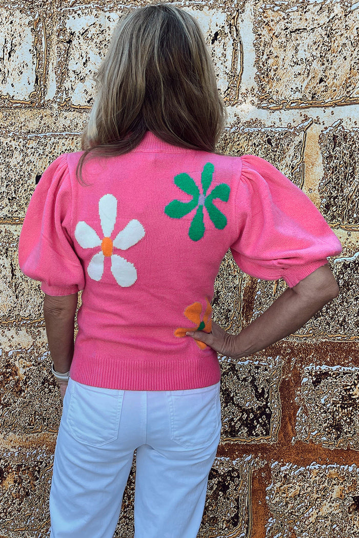 Bright Green Floral Bubble Short Sleeve Sweater - Sweaters & Cardigans/Short