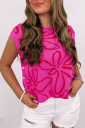 Bright Pink Button Sides Sleeveless Floral Knitted Top - BRIGHT PINK / S / 50% VISCOSE + 28% POLYESTER + 22% POLYAMIDE