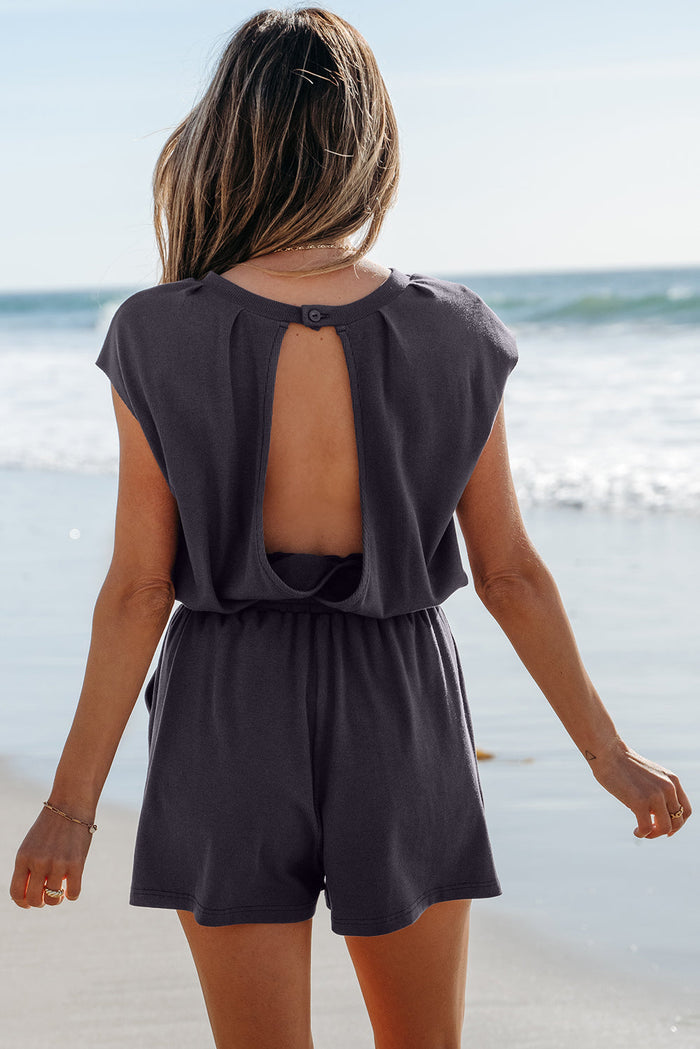 Bristol Black Knit Open Back Cap Sleeve Drawstring Romper - Bottoms/Jumpsuits & Rompers