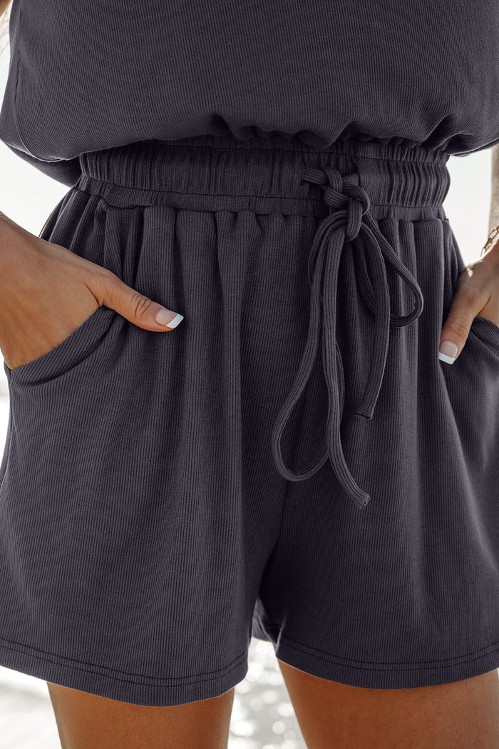 Bristol Black Knit Open Back Cap Sleeve Drawstring Romper - Bottoms/Jumpsuits & Rompers
