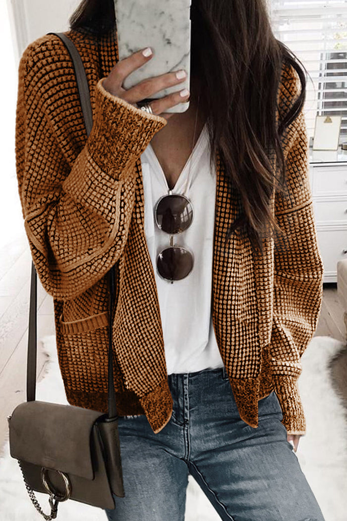 Brown Chunky Waffle Knit Oversized Collar Cardigan - BROWN / S / 65% ACRYLIC + 35% POLYESTER - Sweaters &