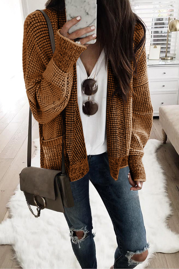Brown Chunky Waffle Knit Oversized Collar Cardigan - Sweaters & Cardigans/Cardigans