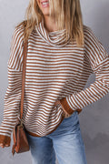 Brown Striped Turtleneck Loose Sweater - BROWN / S / 100% POLYESTER - Sweaters & Cardigans/Sweaters