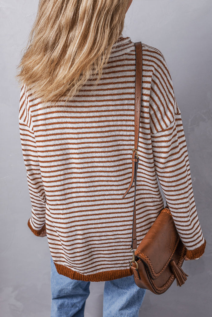 Brown Striped Turtleneck Loose Sweater - Sweaters & Cardigans/Sweaters