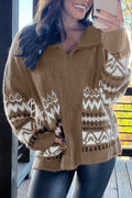 Brown Western Printed Ribbed Trim Collared Zip up Cardigan - BROWN / S / 42% ACRYLIC + 30% POLYESTER + 28% POLYAMIDE