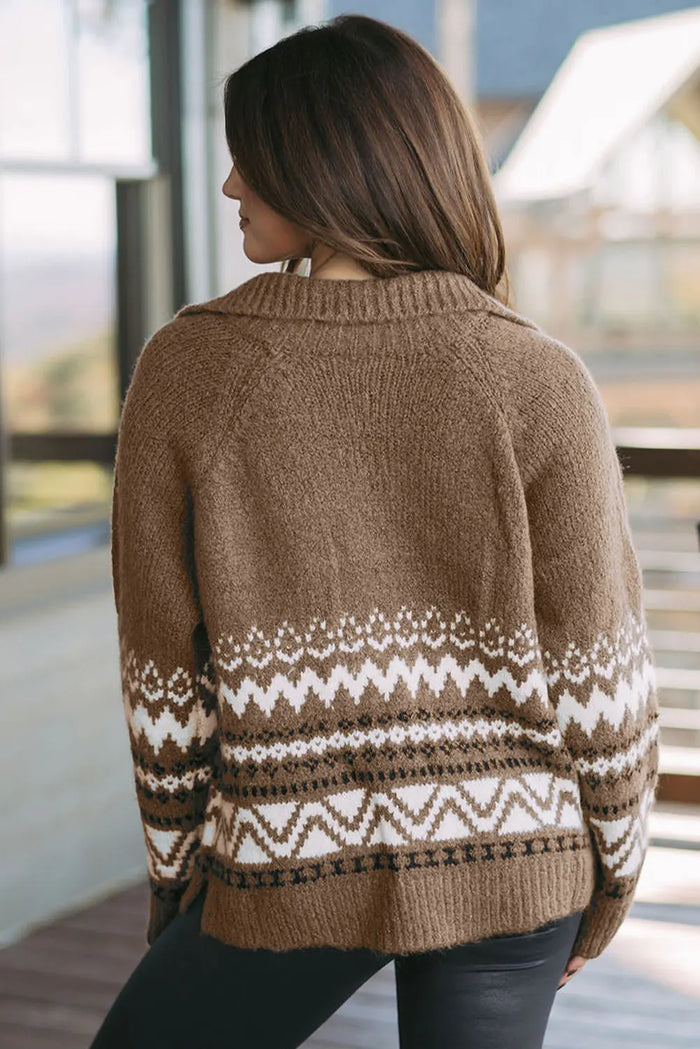 Brown Western Printed Ribbed Trim Collared Zip up Cardigan - Sweaters & Cardigans/Cardigans