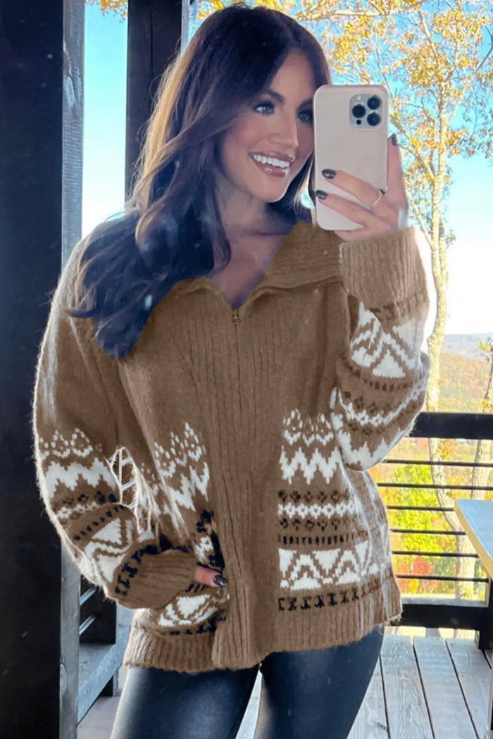 Brown Western Printed Ribbed Trim Collared Zip up Cardigan - Sweaters & Cardigans/Cardigans