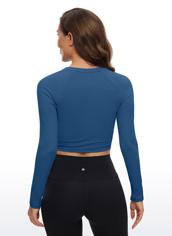 CRZ YOGA Women's Run Train Slim Fit Tops Brushed Long Sleeves Cropped French Navy