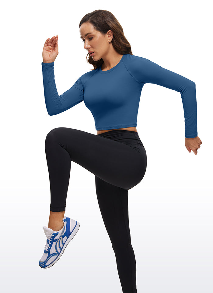 CRZ YOGA Women's Run Train Slim Fit Tops Brushed Long Sleeves Cropped French Navy