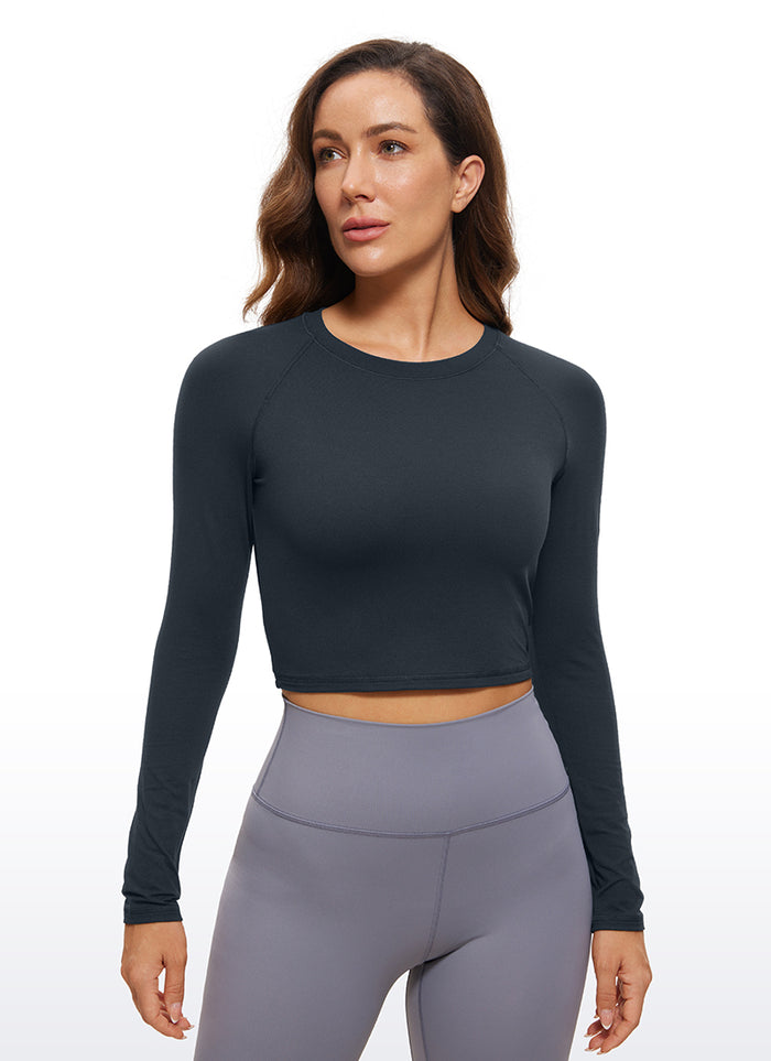 CRZ YOGA Women's Run Train Slim Fit Tops Brushed Long Sleeves Cropped True Navy