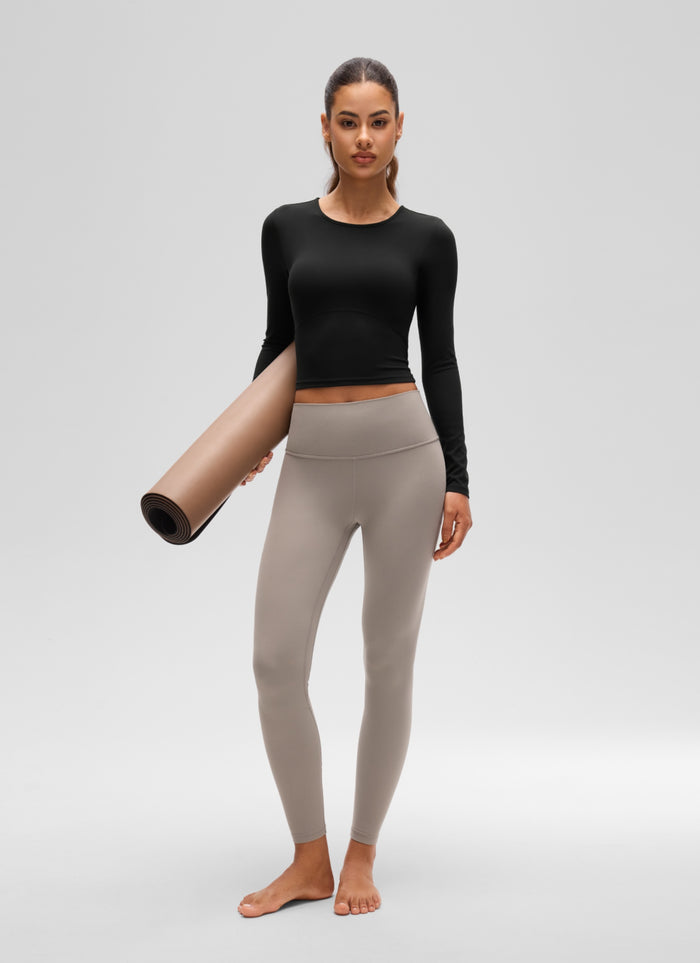 CRZ YOGA Women's Slim Fit Yoga Butterluxe Crop Long Sleeves Front Seam Black