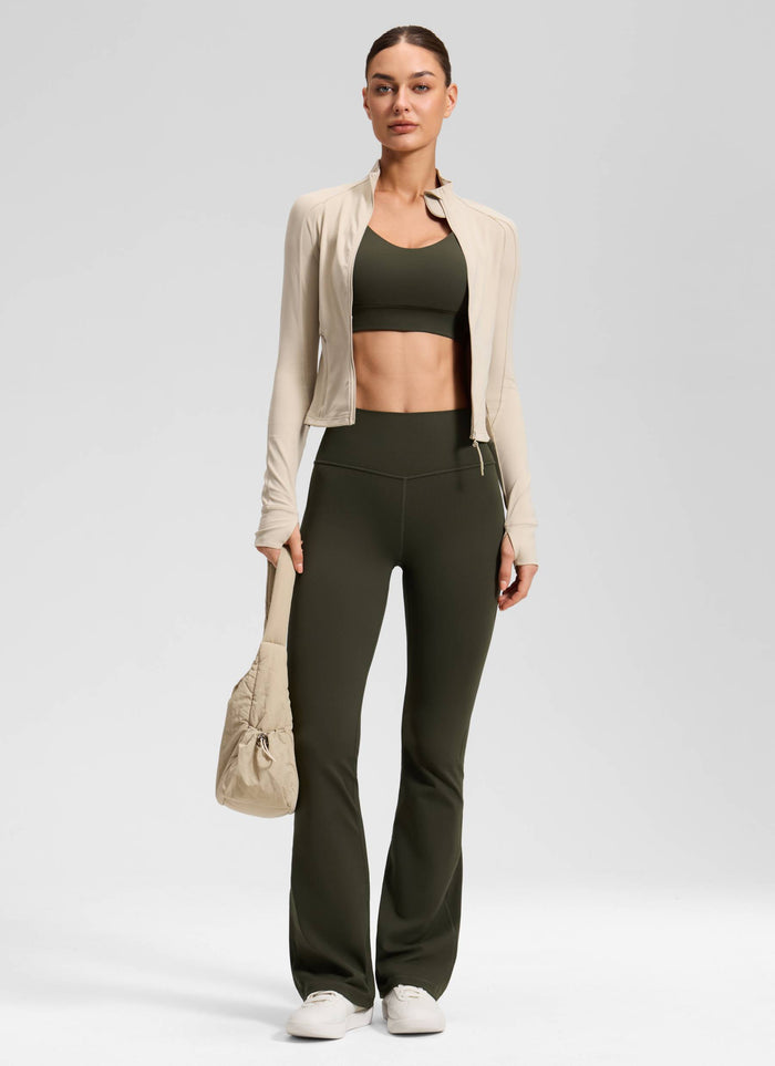 Butterluxe High Waist Flare Wide Leg Bootcut Pockets Leggings 31" Olive Green