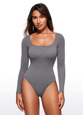 CRZ YOGA Women's Yoga Tight Fit Square Neck Long Sleeves Bodysuits Dark Carbon