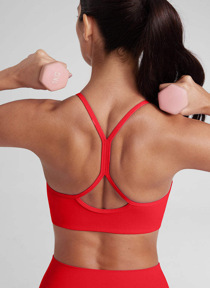 CRZ YOGA Butterluxe Womens High Neck Y Racerback Sports Bra Thin Strap Deep Red