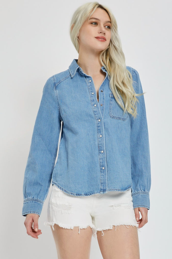 Canogo Denim Shirring Sleeve Top - SexyModest Boutique