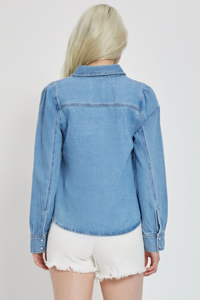 Canogo Denim Shirring Sleeve Top - SexyModest Boutique