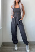 Carbon Grey Back Crossed Straps Hollow Out Jogger Jumpsuit - S / 75% Polyamide + 25% Elastane - Bottoms/Jumpsuits &
