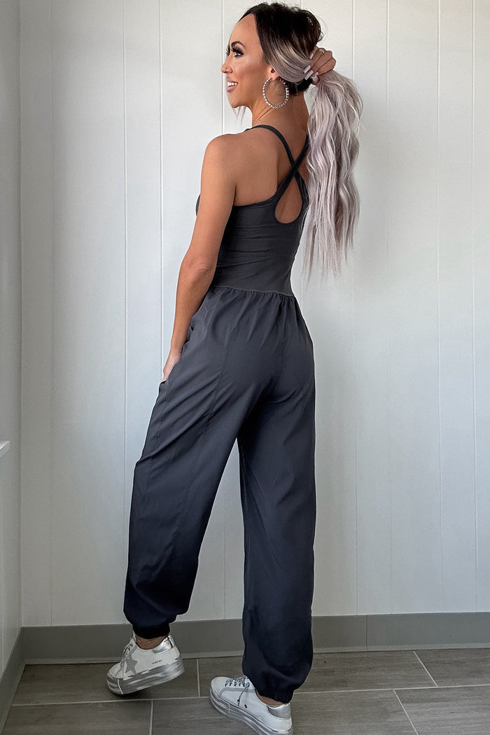 Carbon Grey Back Crossed Straps Hollow Out Jogger Jumpsuit - Bottoms/Jumpsuits & Rompers