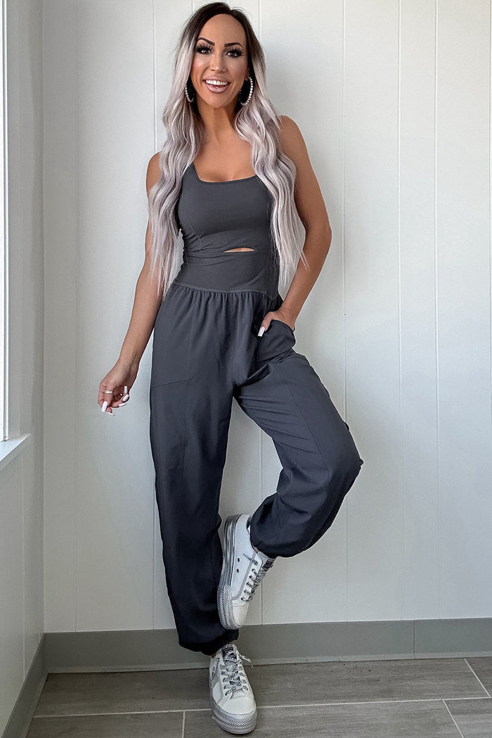 Carbon Grey Back Crossed Straps Hollow Out Jogger Jumpsuit - Bottoms/Jumpsuits & Rompers