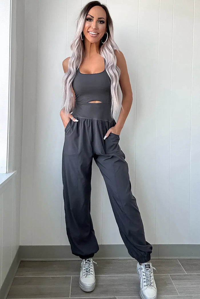 Carbon Grey Back Crossed Straps Hollow Out Jogger Jumpsuit - Bottoms/Jumpsuits & Rompers