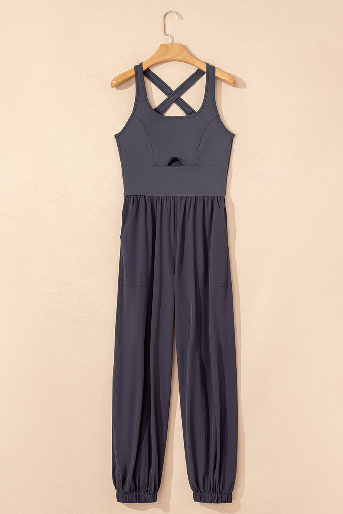 Carbon Grey Back Crossed Straps Hollow Out Jogger Jumpsuit - Bottoms/Jumpsuits & Rompers