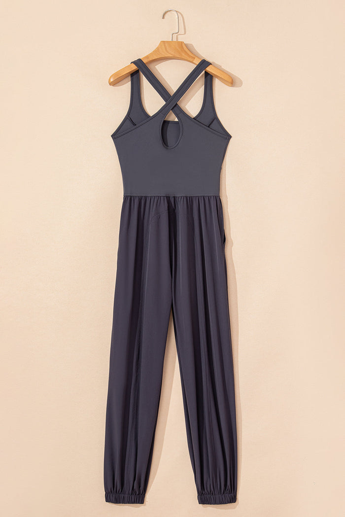 Carbon Grey Back Crossed Straps Hollow Out Jogger Jumpsuit - Bottoms/Jumpsuits & Rompers