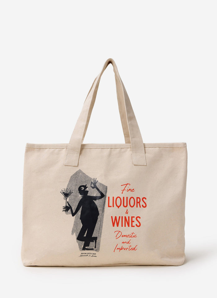 The Percival Carlo Mixologist Tote Bag in ecru, featuring a vintage-inspired liquor and wine graphic print on the front.