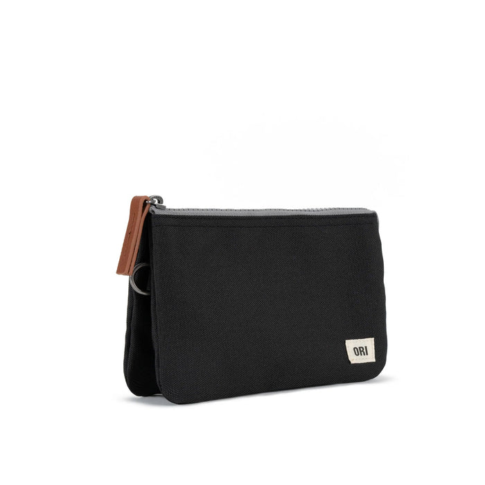 Medium recycled canvas zipper pouch, black with brown zipper pull and front patch
