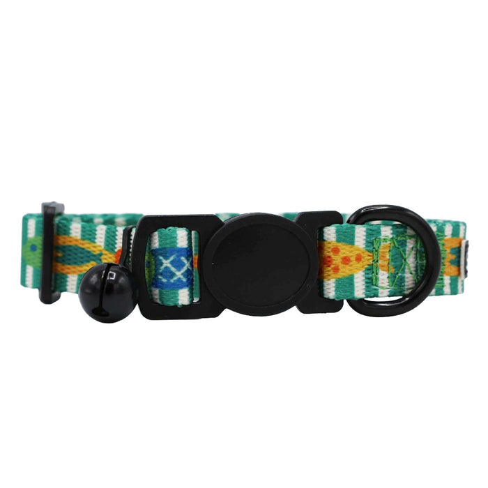 Part of the Sassy Woof Cat Bundle - Portofino, this collar features a green, white, and yellow design with a black buckle, bell, and metal D-ring—perfect to pair with its matching adjustable harness or leash.