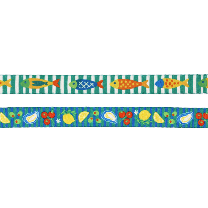 The Sassy Woof Cat Bundle - Portofino includes two decorative ribbons: one with colorful fish and green stripes, and another with lemons, oysters, tomatoes, and olives on blue—ideal accents for your cat's leash or adjustable harness.